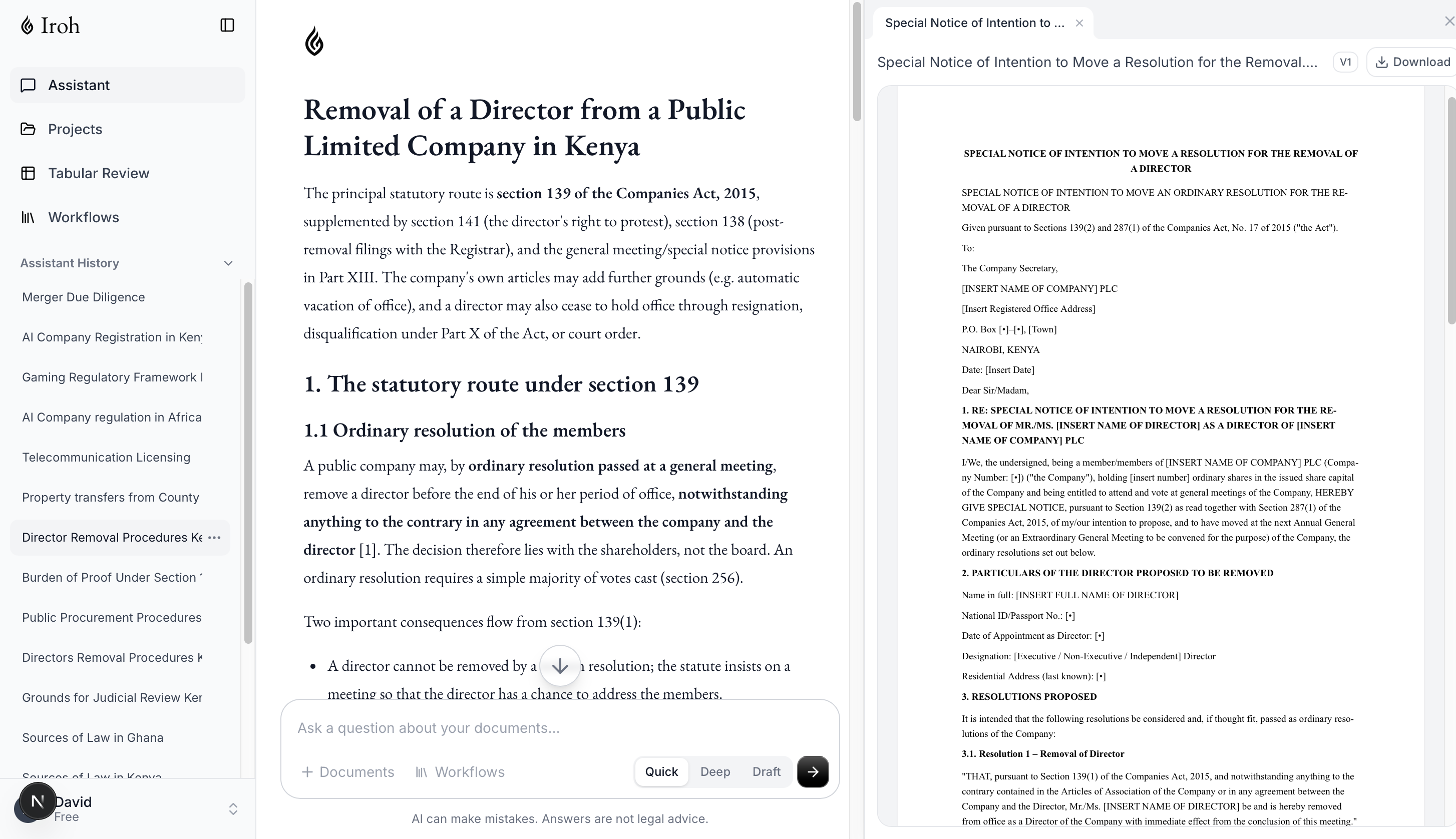 Iroh answering a Kenyan company-law question, with the answer cited verbatim to section 139 of the Companies Act, 2015